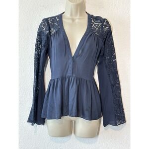Y2K Elizabeth & James Sz S‎ Silk Blue Babydoll Top Crochet Flare Sleeve Boho